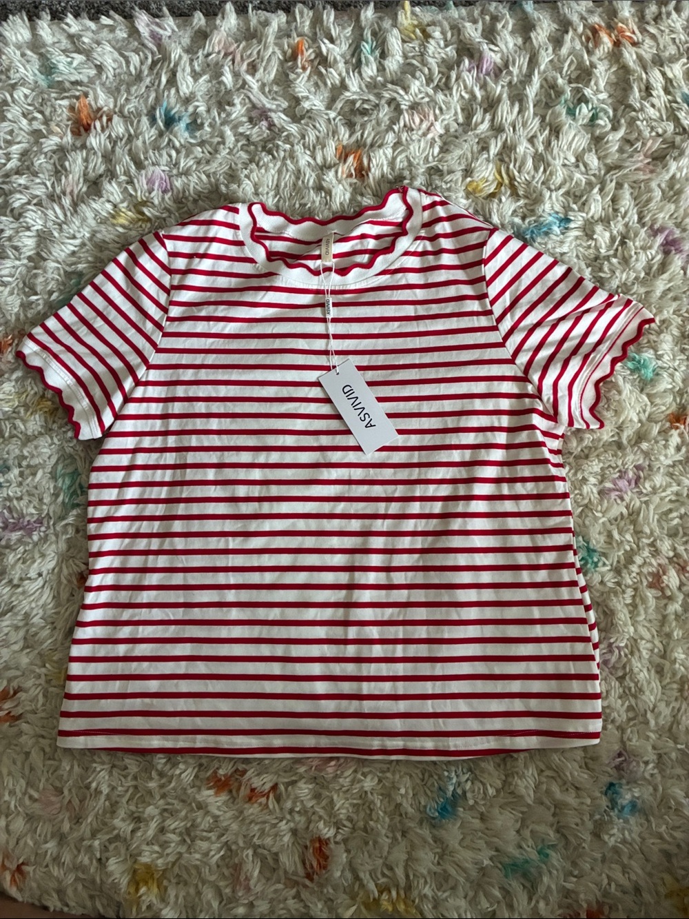 AS VIVID Red and White Striped Short-Sleeve Top with Scalloped Trim
